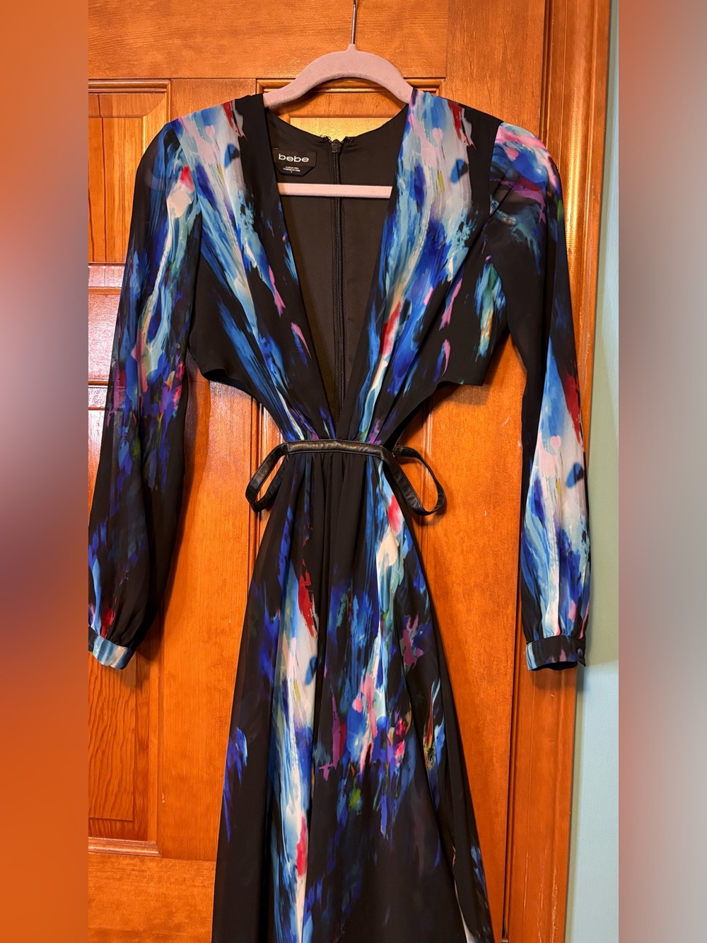 Bebe Abstract Print Cutout Maxi Dress Size 0 Resort Cruise Wedding Guest - Picture 7 of 12